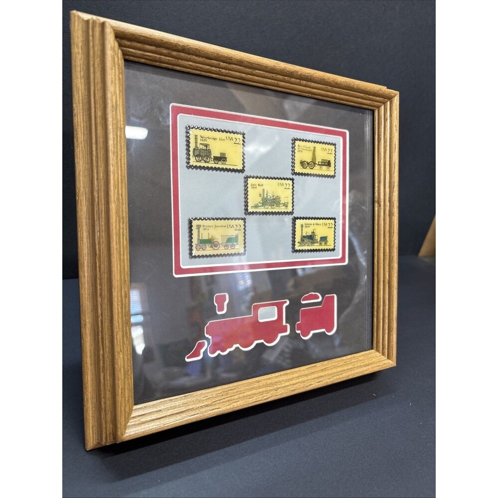5 Framed Train Stamp Metal Label Pins USPS 22 Cents